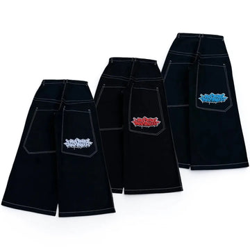Jeans larghi ricamati a righe Y2K | Pantaloni streetwear neri a gamba larga