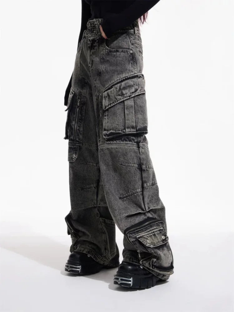 Y2K Grey Baggy Cargo Jeans | Vintage Pleated Wide-Leg Pants for Women