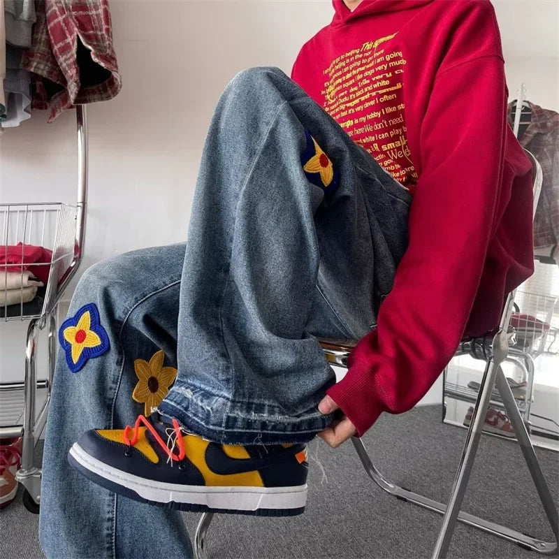 Y2K Vintage Flower Embroidery Jeans for Men | Distressed Baggy Denim Pants