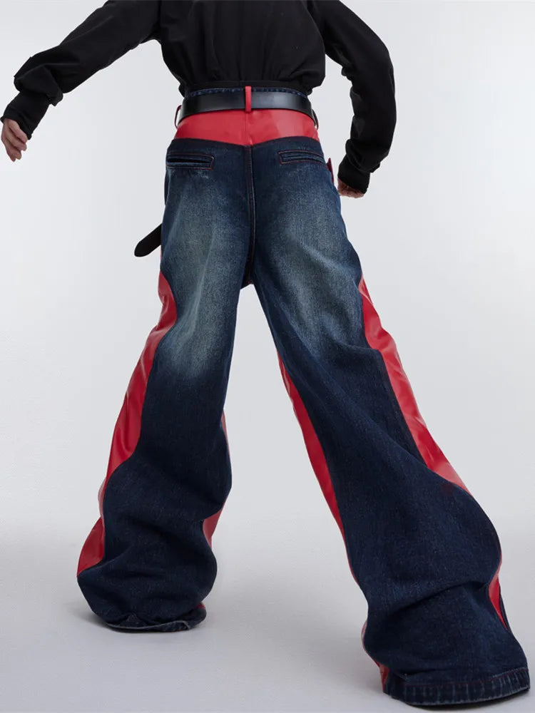 Y2K Patchwork Baggy Jeans for Men | Red Leather Streetwear