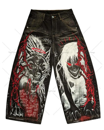 Y2K Scimitar Baggy Jeans | Gothic Punk High Stretch Spliced Denim Pants