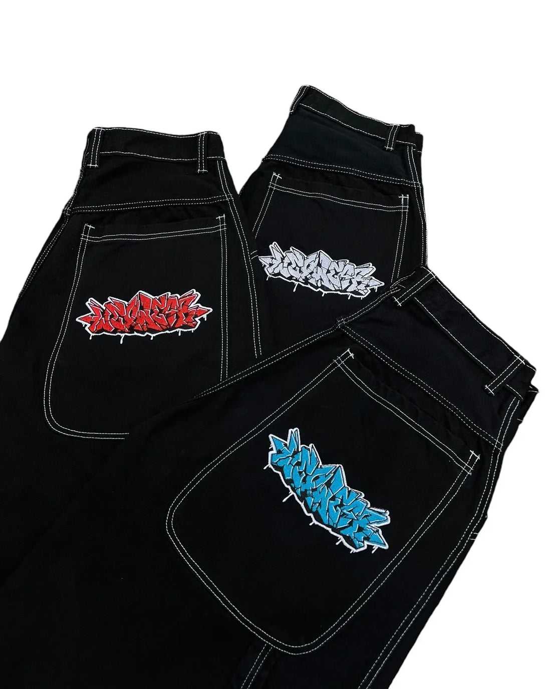 Y2K Striped Embroidered Baggy Jeans | Black Wide Leg Streetwear Pants