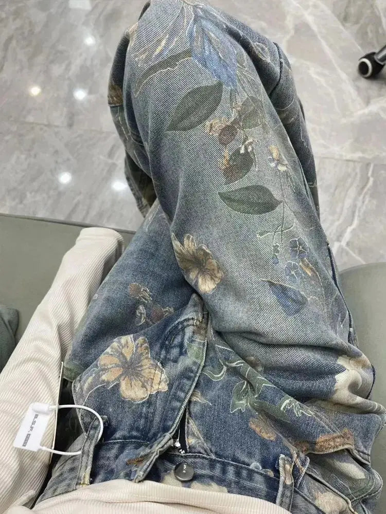 New Chinese Style Print Jeans | Loose Straight-Leg Trousers for Women