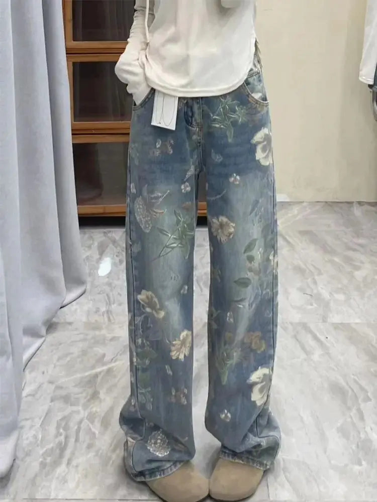 New Chinese Style Print Jeans | Loose Straight-Leg Trousers for Women