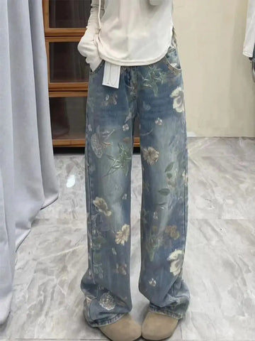New Chinese Style Print Jeans | Loose Straight-Leg Trousers for Women