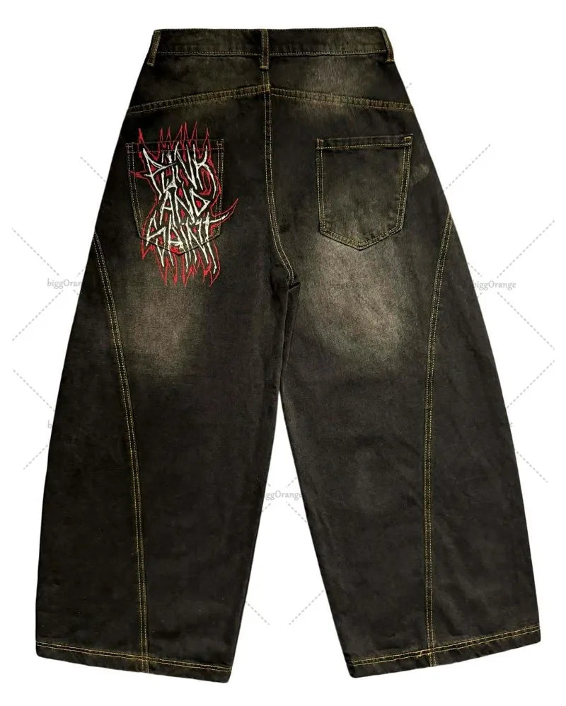 Y2K Scimitar Baggy Jeans | Gothic Punk High Stretch Spliced Denim Pants