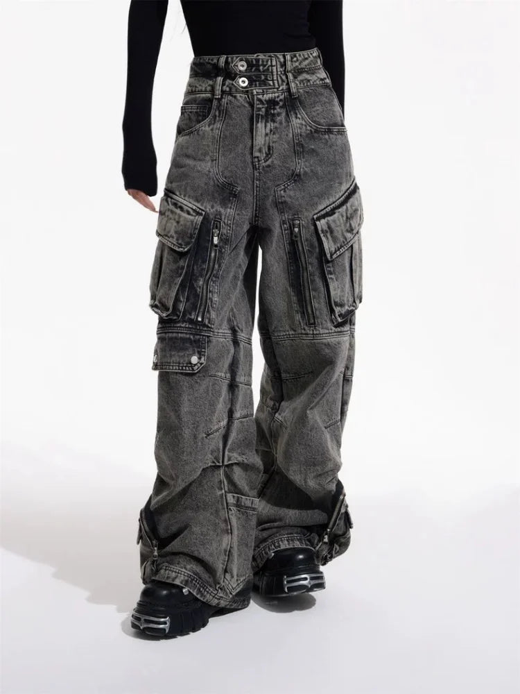 Y2K Grey Baggy Cargo Jeans | Vintage Pleated Wide-Leg Pants for Women