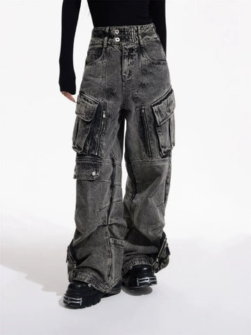 Y2K Grey Baggy Cargo Jeans | Vintage Pleated Wide-Leg Pants for Women