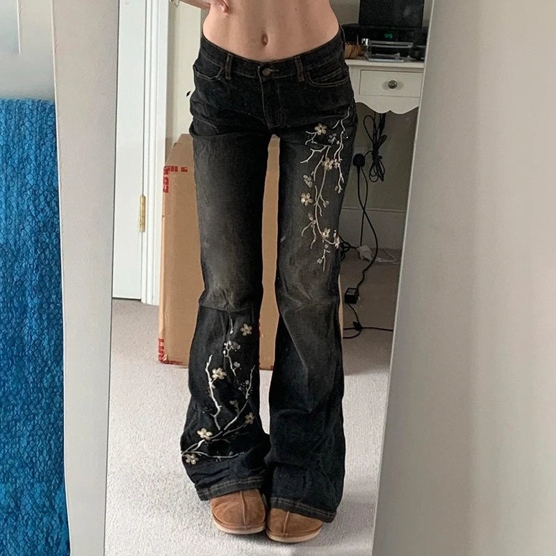 Y2K Low Rise Floral Flare Jeans | Vintage 2000s Embroidered Denim Pants