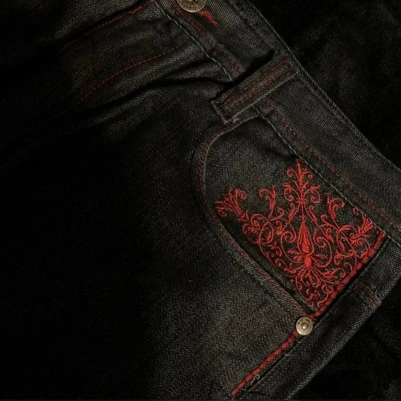 High Street Gothic Embroidered Black & Red Y2K Jeans